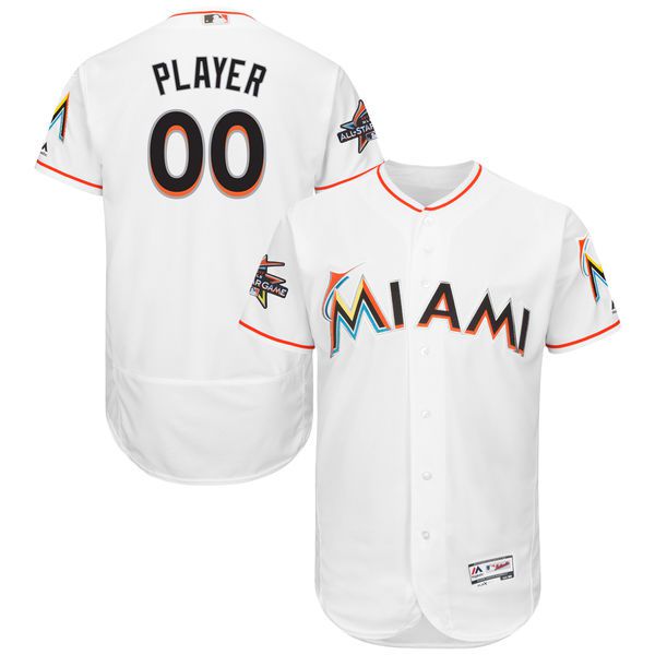 Men Miami Marlins Majestic Home White 2017 Authentic Flexbase Custom MLB Jersey with All-Star Game Patch